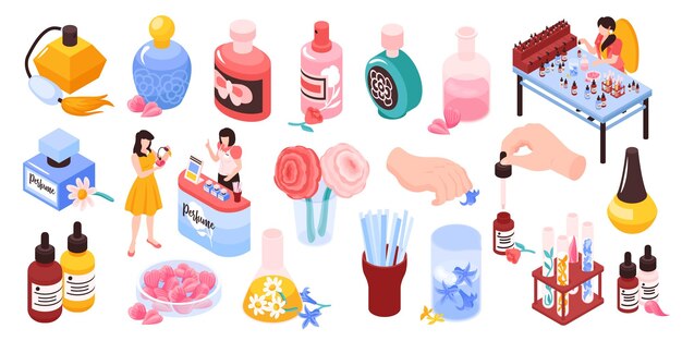 Perfume sprays bath aroma toilet water essential oils testers natural fragrances bottles isometric icons set vector illustration