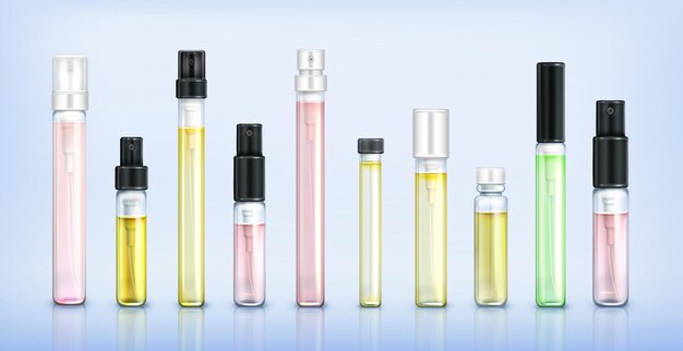 Perfume tester glass bottles fragrance sample in transparent tubes with black and white spray caps on blue