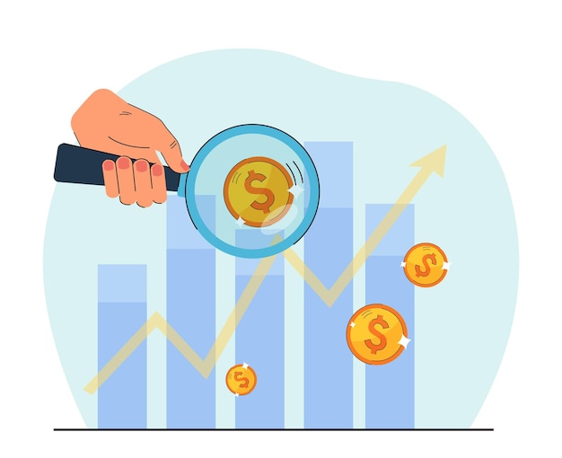 Person analyzing financial chart. Hand holding magnifying glass against charts with coins. Finance, banking, business concept for banner, website design or landing web page