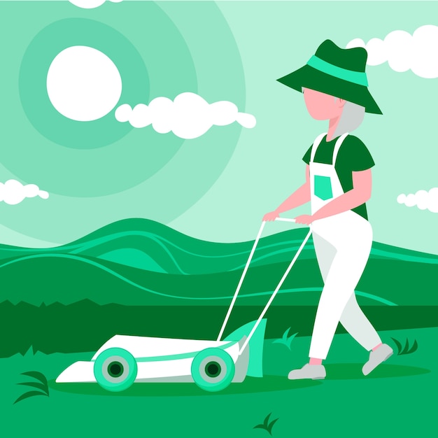 Free Vector person lawn mowing outdoors illustration