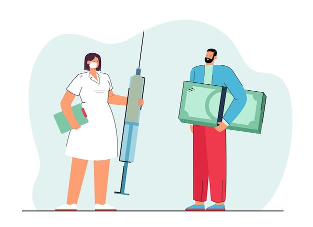 Free Vector person paying for dose of vaccine to doctor. woman holding syringe, man with money flat vector illustration. vaccination price, pharmacy concept for banner, website design or landing web page