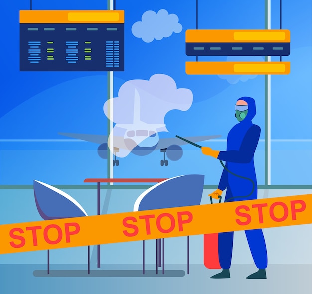 Person in protective costume disinfecting airport from virus. Coronavirus, plane, stop flat vector illustration. Pandemic and prevention