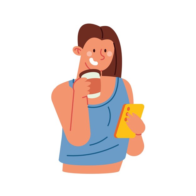 person using smartphone and drinking coffee