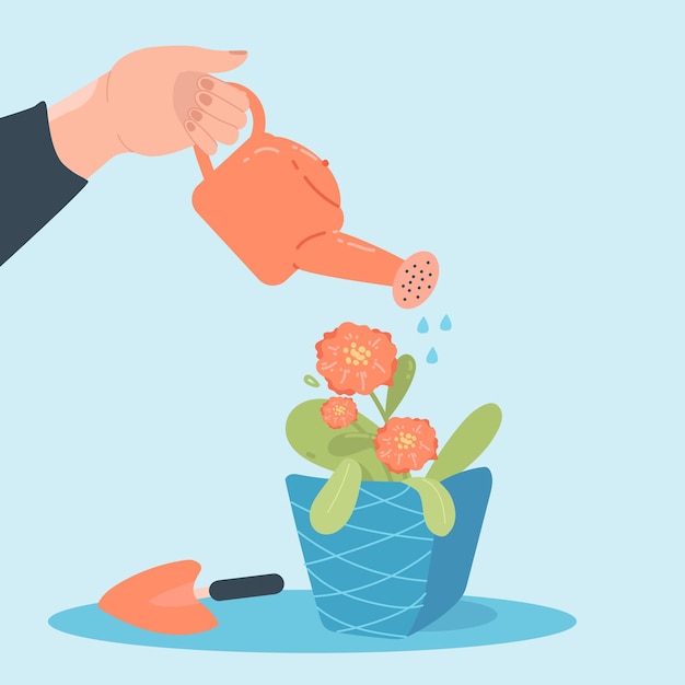 Free Vector person watering wilted flower in pot flat vector illustration. hand holding watering pot. person taking care of plant or houseplant. gardening, nature, growing, foliage concept