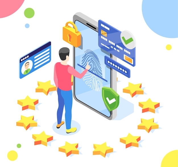 Free Vector personal data protection gdpr isometric composition with man and smartphone with pictograms inside eu stars circle illustration