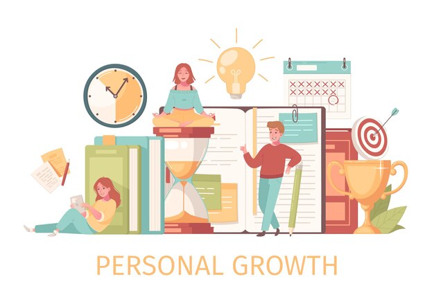 Personal growth self development composition with text and human characters with notebooks target and time icons illustration