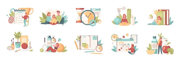 Free Vector personal growth self development set of isolated icons with human characters images of notepad planners calendars vector illustration