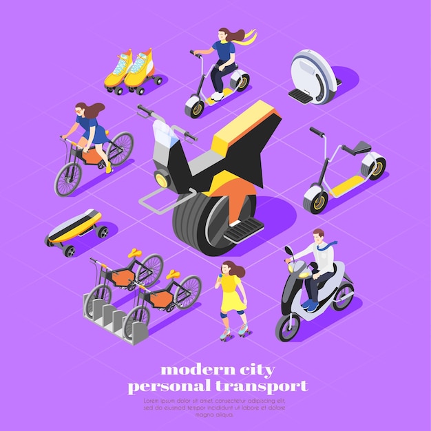 Free Vector personal transport isometric composition with monocycle bike skateboard roller skates scooter and women characters 