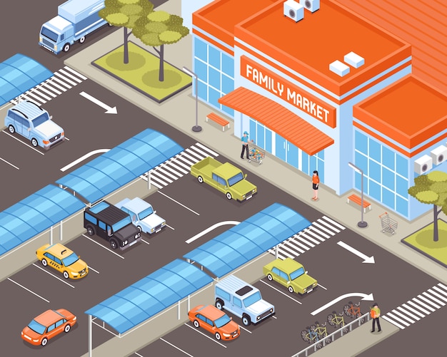 Free Vector personal transport on parking zone near market building isometric illustration