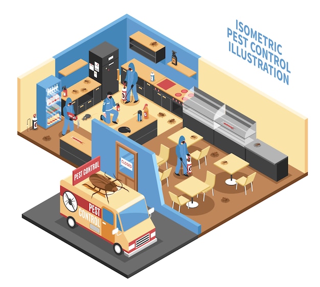 Free vector pest control in cafe isometric illustration