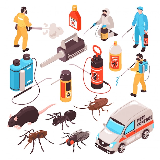 Pest control disinfection service isometric icons set with ant rat cockroach  professional exterminators team equipment