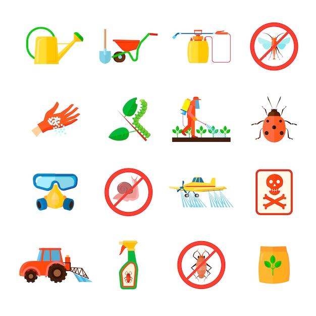 Pesticides and fertilizers elements set with special equipment symbols flat isolated vector illustration