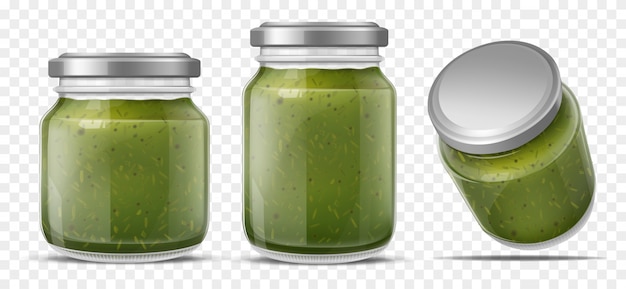 Pesto sauce in glass jars realistic vector set