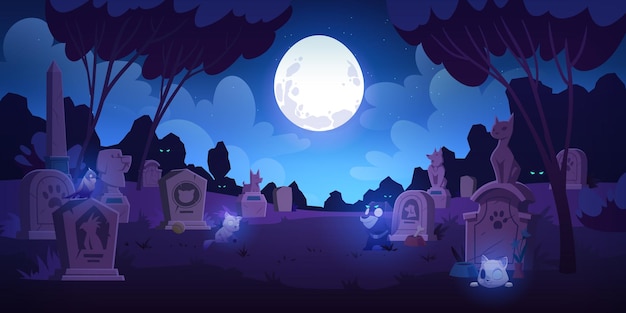 Pet cemetery at night animal graveyard with tombstones grave tombs with cats dogs and birds souls near monuments with their photos under full moon in dark starry sky cartoon illustration