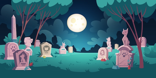 Free Vector pet cemetery with graves and tombstones