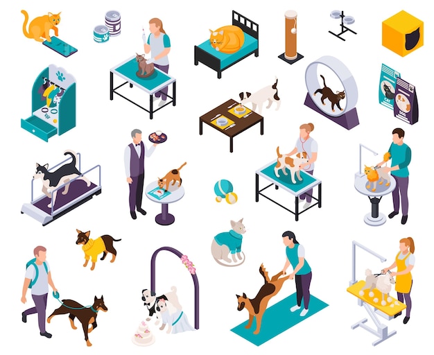 Free Vector pet hotel day care center gym playground dogs grooming walking vet examination services isometric icons set vector illustration