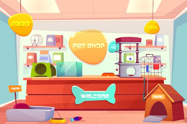 Pet shop interior, domestic animal store with counter desk, accessories, food, cat and dog houses