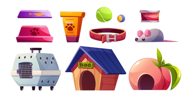 Free vector pet shop interior isolated vector cartoon clipart animal toy and food indoor supermarket to buy clipart petshop business with domestic puppy goods and supplies doggy sleep mouse and cat carrier