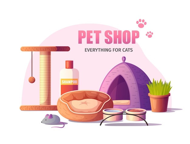 Free vector pet shop poster in cartoon style with various cat care accessories vector illustration