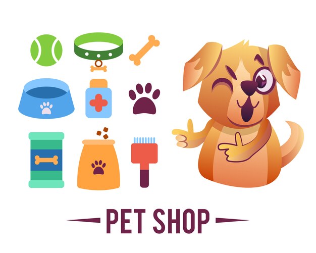 Pet shop poster, dog with pet items 