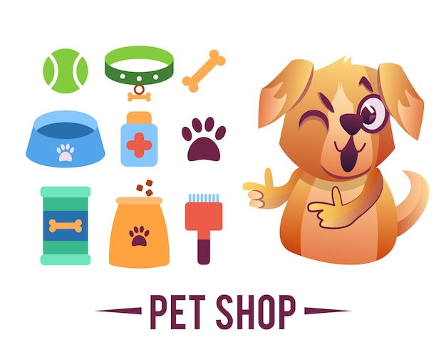 Pet shop poster, dog with pet items 