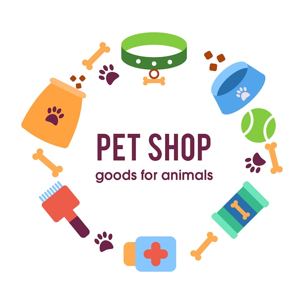 Pet shop poster, dog with pet items 