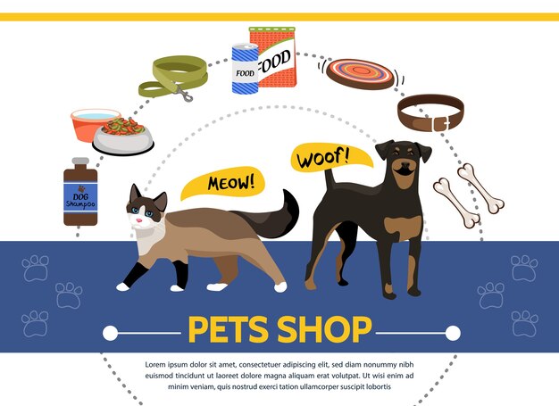 Pet shop template with cat and dog supplies