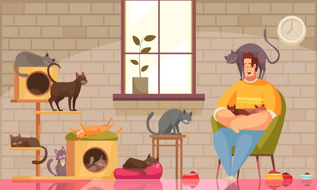 Pet sitter composition with living room scenery wall with window and cats with sitting human character