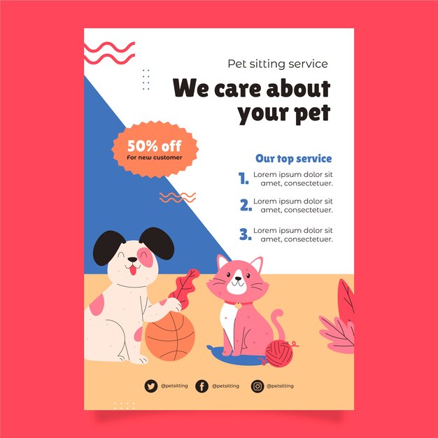 Pet sitting service flat design vertical poster template