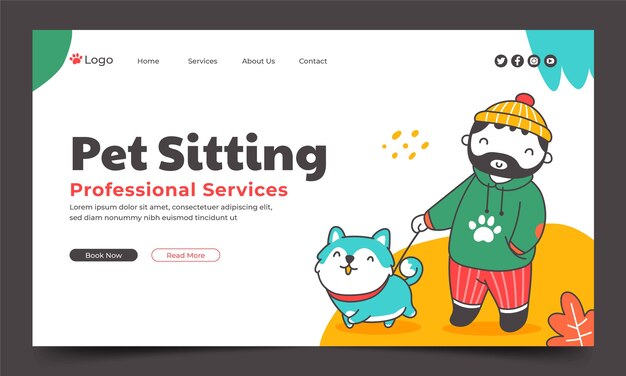 Pet sitting service hand drawn landing page template