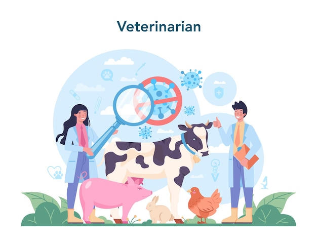 Pet veterinarian concept Veterinary doctor checking and treating animal Idea of pet care animal medical vaccination microchipping Vector flat illustration