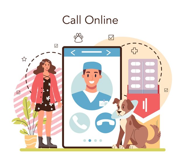 Pet veterinarian online service or platform Veterinary doctor checking animal Medical treatment and vaccination Online call Vector flat illustration