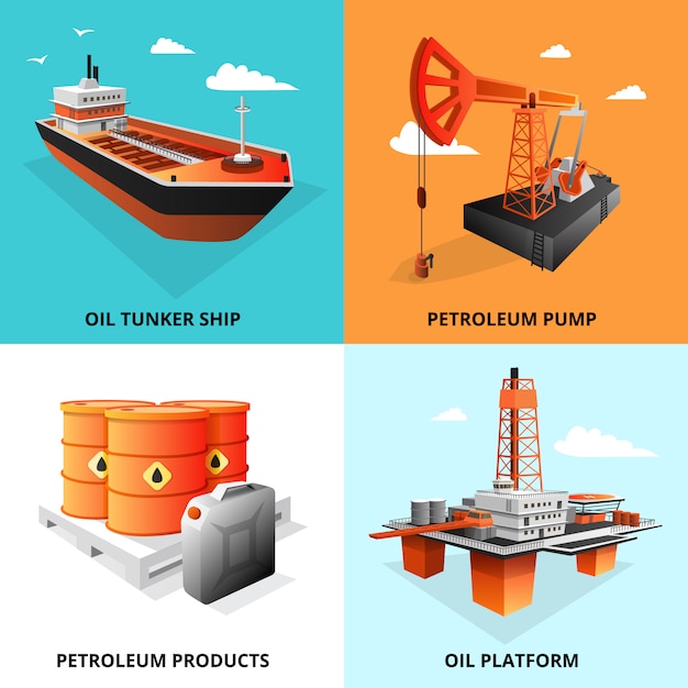 Free Vector petroleum industry concept isometric elements square with extraction platform and oil transportation tanker isolated vector illustration 