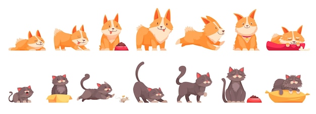 Free Vector pets growth stages set of isolated icons cartoon characters of cat and dog at different age vector illustration