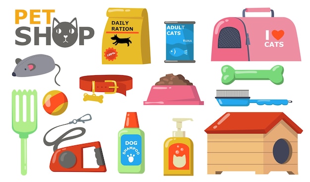 Pets supplies wet. Food and accessories for cats and dogs care, bowl, collar, brush, toys, leash, shampoo, can, kennel. Vector illustration for pet shop, domestic animals