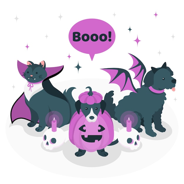 Pets with halloween costumes concept illustration