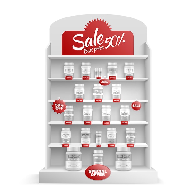 Free vector pharma products mockup special offer realistic rack with vitamin packagings vector illustration