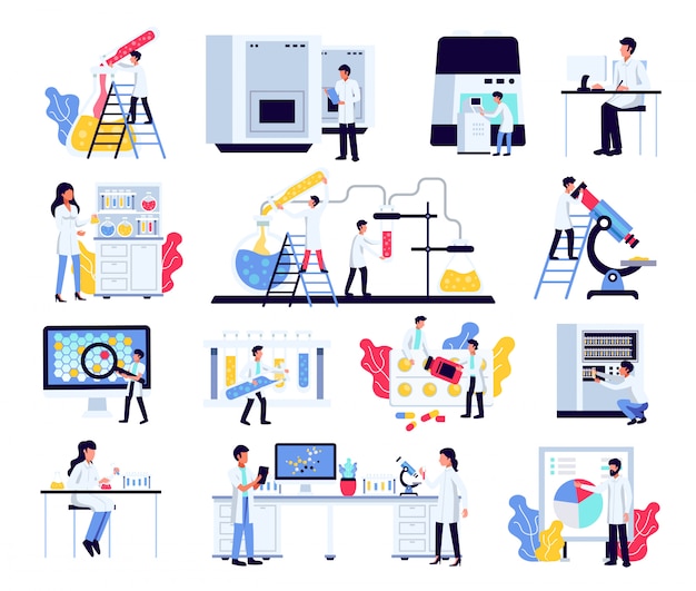 Pharmaceutic laboratory research chemistry scientists set with isolated compositions of human characters lab equipment and furniture