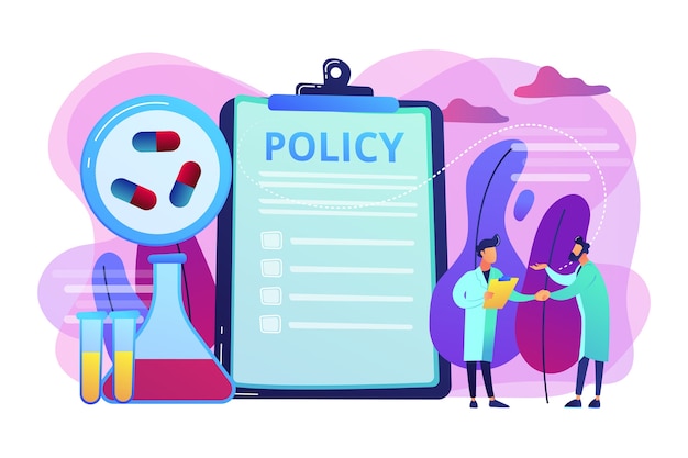 Pharmaceutical policy on clipboard and researchers, tiny people. Pharmaceutical policy, pharmaceutical lobby, drugs production control concept. Bright vibrant violet  isolated illustration