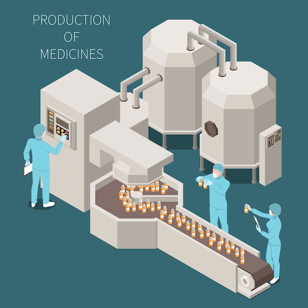 Free vector pharmaceutical production isometric colored composition with production of medicines descriptions and working process in the lab  illustration