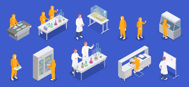 Free Vector pharmaceutical production isometric set of laboratory equipment icons and human characters of scientists in biohazard suits vector illustration