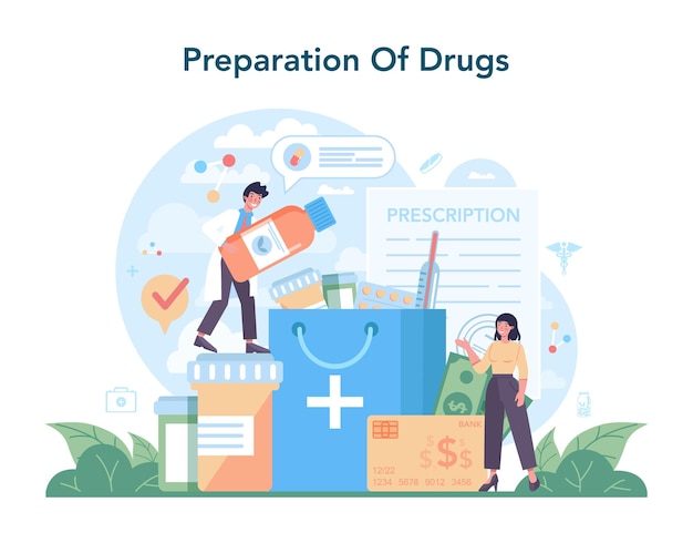 Free Vector pharmacy concept pharmacist preparing and selling drugs in bottle and box for disease treatment healthcare and medical treatment concept isolated vector illustration