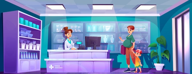 Free Vector pharmacy store interior with buyer and pharmacist