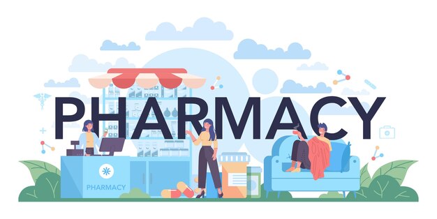 Pharmacy typographic header Pharmacist preparing and selling drugs in bottle and box for disease treatment Healthcare and medical treatment concept Isolated vector illustration