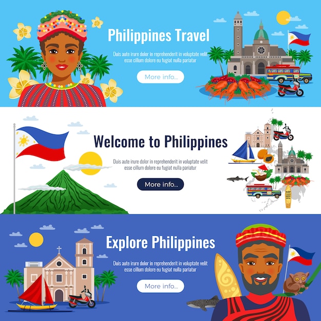 Free vector philippines set of horizontal banners with travel objects and landmarks on blue white