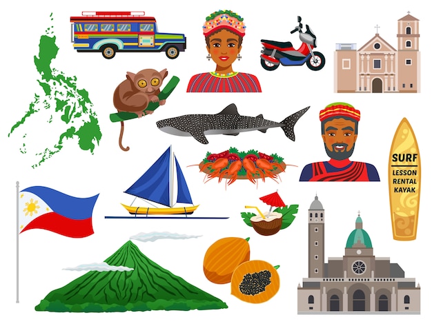 Philippines set of travel icons with animals landmarks traditional food and national costumes isolated