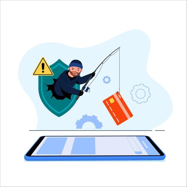 Phishing illustration. Hacker stealing a credit card from an app. Cybercrime