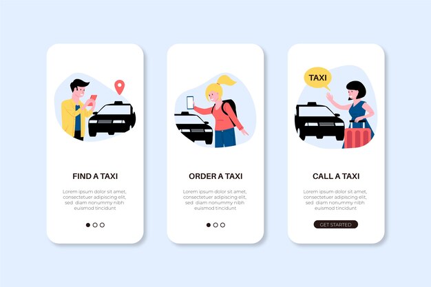 Phone app screens for taxi service