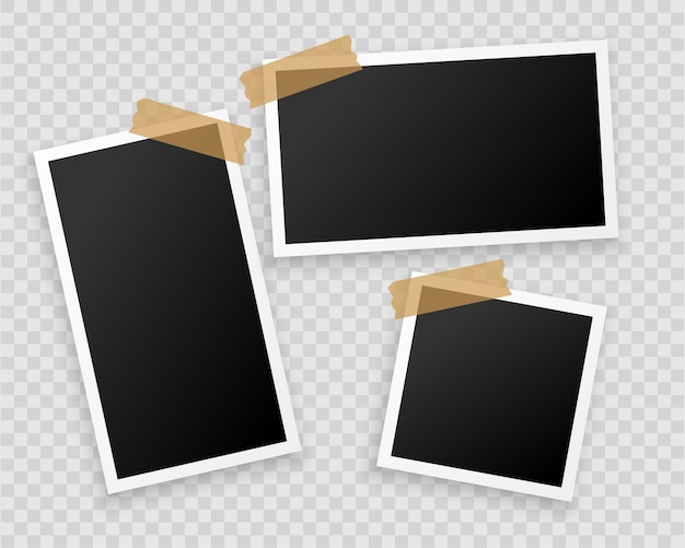 Photo frames with adhesive tape on transparent background