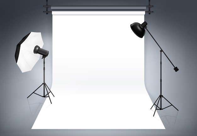 Photo studio. Equipment for photography, flash and spotlight